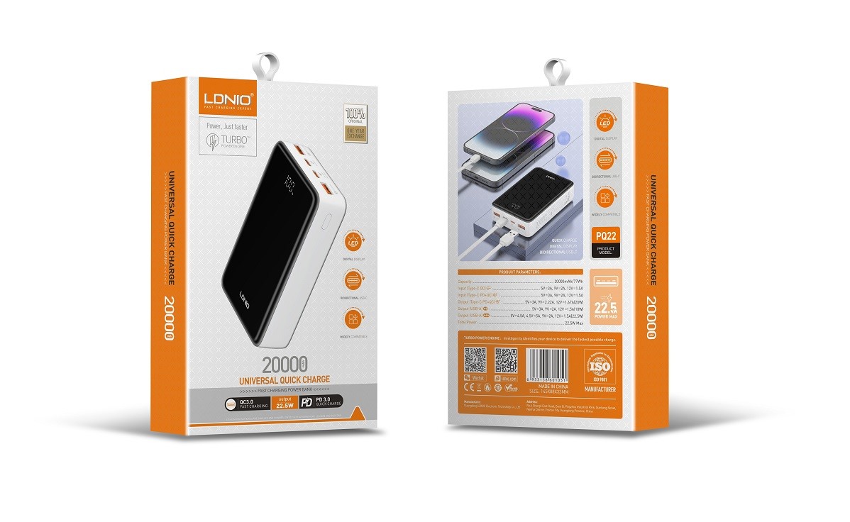LDNIO PQ22 20000mAh Power Bank – Fast Charging with LED Digital Display