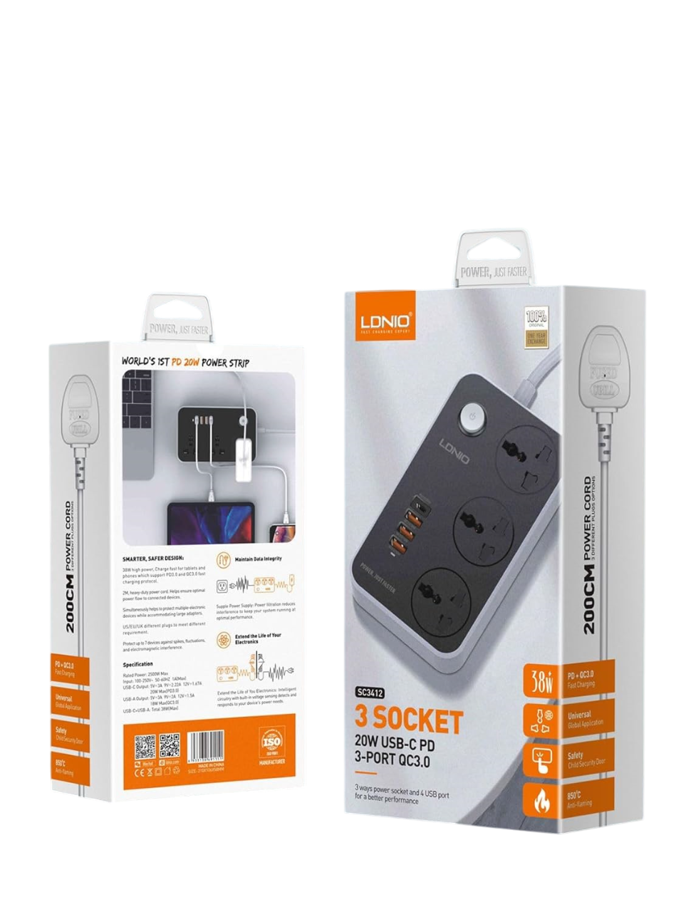 LDNIO SC3412 Universal Socket with 3 AC Outlets, with Switch Control, Socket Extension with PD&QC USB for Phone to Fast Charge ; 2500W Total