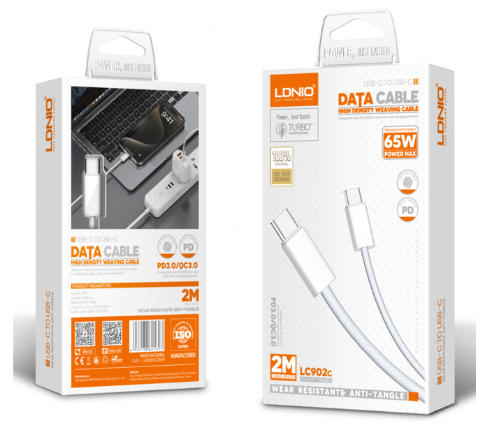 LDNIO LC902C 2M 65W Type-C to Type-C Cable Support PD and QC Fast Charging USB Data Cable